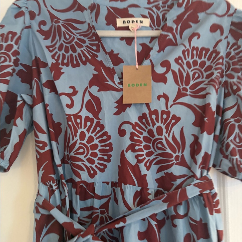 Boden dress NWT 10 Christabel cotton Dress Light Blue and Burgundy Midi Dress - Picture 8 of 13